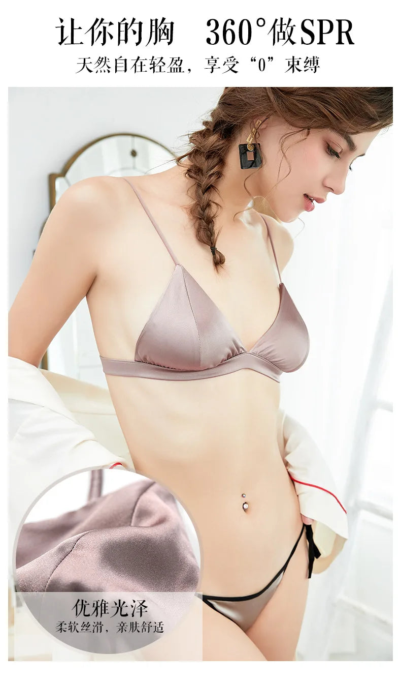 Women French Non-steel Ring Mulberry Silk Bra Thin Breathable Triangle Active Bra Girls' Bra 88% Mulberry Silk+12% Spandex.