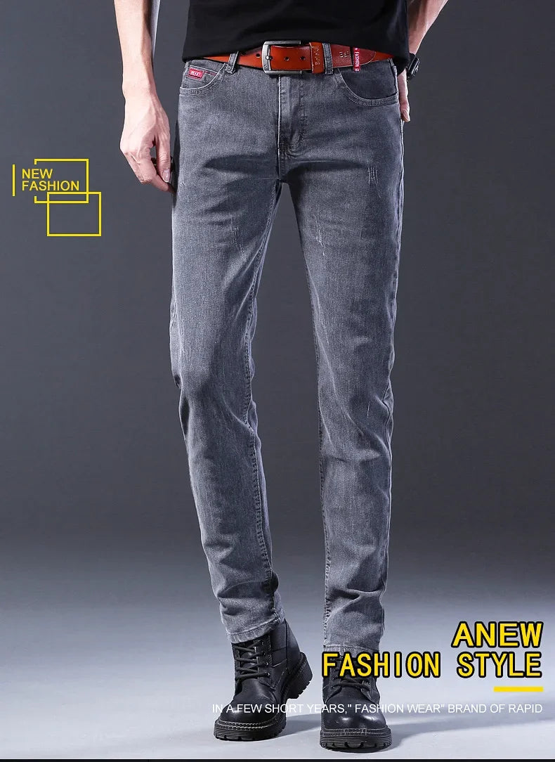 Frühling Herbst Xintang Denim Jeans Herren Slim Fit Casual Trendy Modische Alltagskleidung Blau Gerade Bein Hosen Elastische Taille.