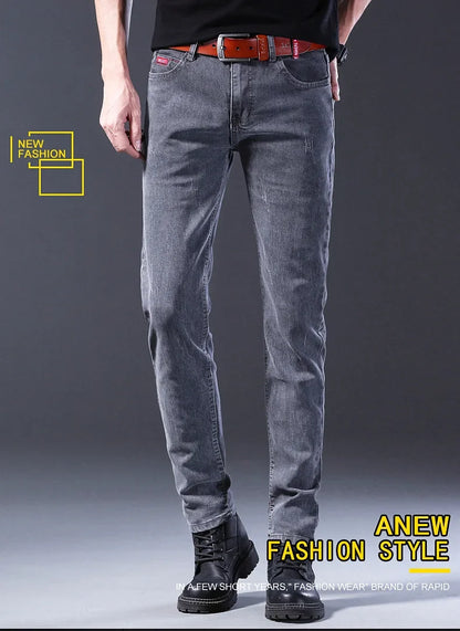 Frühling Herbst Xintang Denim Jeans Herren Slim Fit Casual Trendy Modische Alltagskleidung Blau Gerade Bein Hosen Elastische Taille.