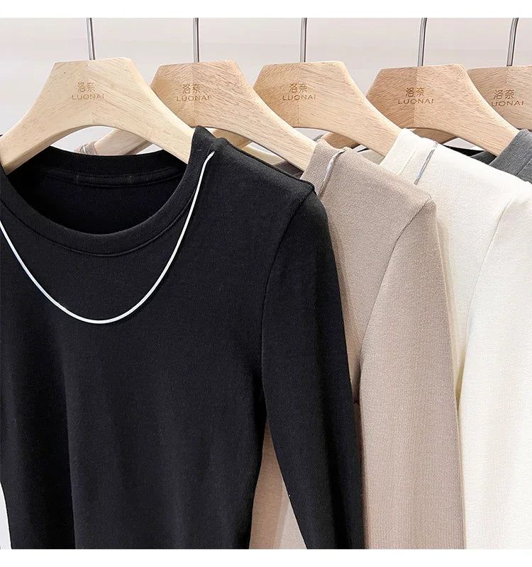 Women Trendy Chain Link Autumn Fashion Slim Fit Cropped T-shirts 2025 Long Sleeve T-shirt Solid Simple Base Layer Crop Tops