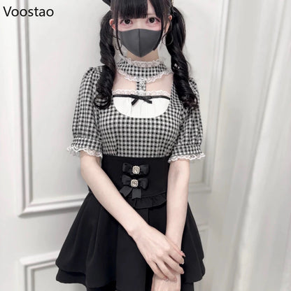 Japanese Gothic Lolita Style Shirts Women Vintage Sweet Y2k Lace Ruffles Short Sleeve Plaid Blouses Jirai Kei Girls Casual Tops.