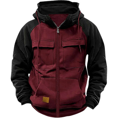 Autumn Winter Hoodies Men Zipper Patchwork Warm Fleece Sweatshirts Multi Pockets Male Fashion Hooded Jacket Thick Outdoor Hoodie.