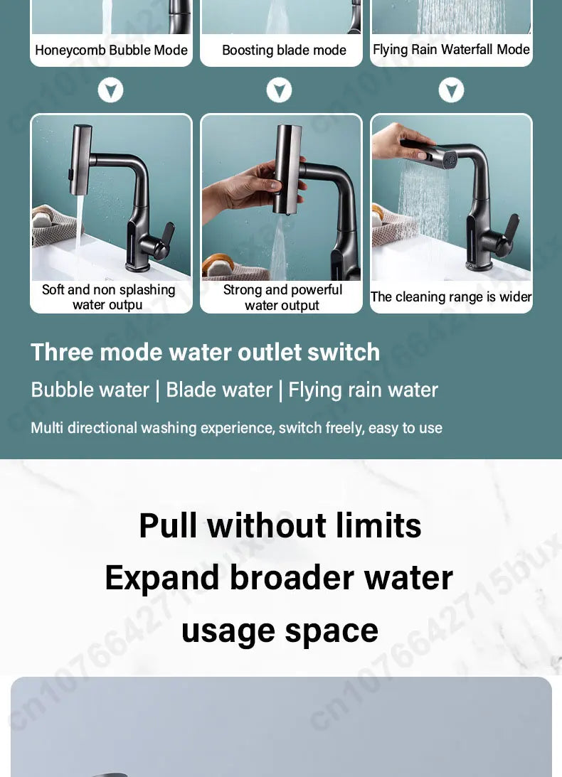 Waterfall Pull Out Kitchen Faucet White Intelligent Digital Display Cold Hot Mixer Taps Rotatable Sink Lifting Basin Faucet