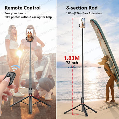 Selfie Stick with Wireless Bluetooth Remote, Portable 72 Inch Aluminum Alloy Selfie Stick Phone Tripod for iOS Android Cellphone.