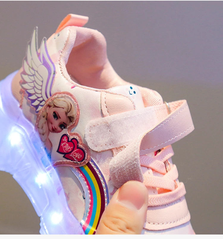 Disney Children's Casual Shoes LED Rechargeable Luminescent Shoes  Cartoon Princess Elsa Girls Pink Sports Sneakers Size 26-35.