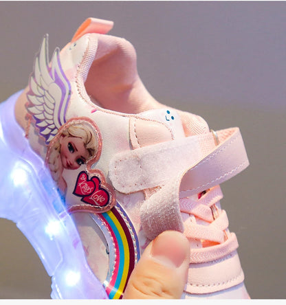 Disney Children's Casual Shoes LED Rechargeable Luminescent Shoes  Cartoon Princess Elsa Girls Pink Sports Sneakers Size 26-35.