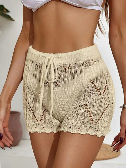 Summer 2025 New Black White Hollowed Out Beach Crochet Shorts Women Beige High Waist Slim Drawstring Lace-up Knitted Short Pants.