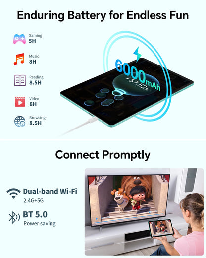 Odea A10 Tablet 10.1" IPS Android 14 T606 Octa-core Max 12GB(4GB+8GB) RAM 128GB ROM Type-C Widevine L1 Earphone Jack Face Unlock.