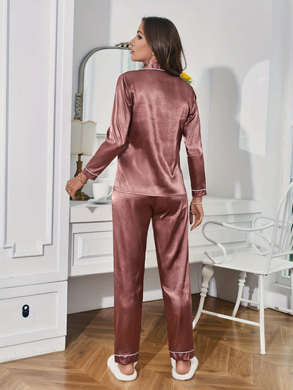 Solides Pyjama-Set mit langen Ärmeln, Knopfleiste, Revers, Oberteil und Hose, Pyjama-Set, Damen-Nachtwäsche und Loungewear