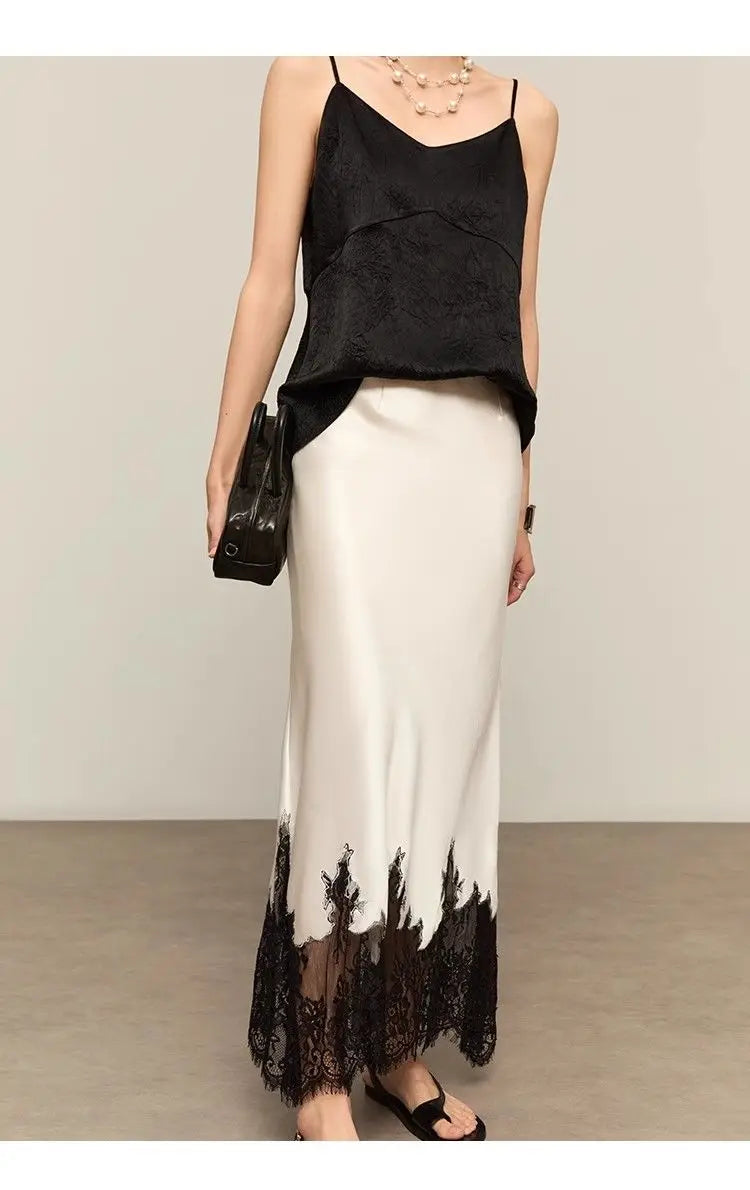 Mia Girl Elegant Satin Long Skirts for Women Oversize Lace Patchwork High Waist A-line Skirt French Style Summer Chic Lady Skirt.