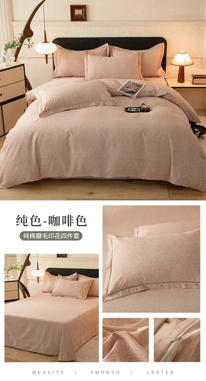 2024 new light luxury solid color thickened cotton abraded four-piece set, pure cotton warm, available in autumn and winter