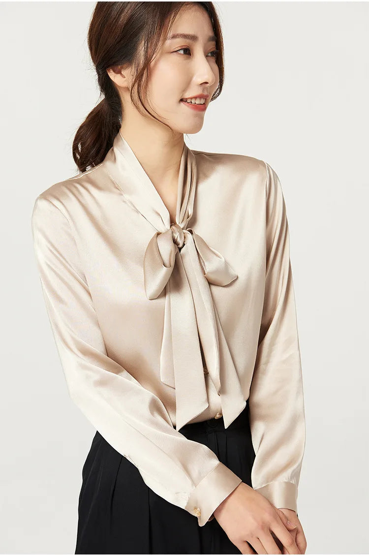 Heavyweight Mulberry Silk Shirt Women's 2025 Spring And Autumn New Long Sleeve Satin Silk Blouse V-neck Bow Ribbon Shirt