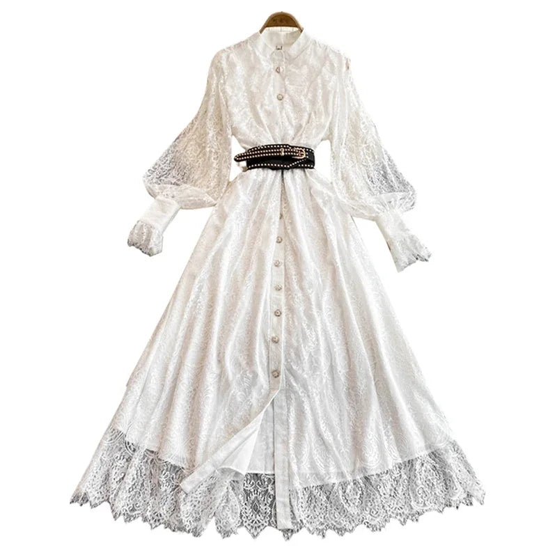 Neue Frühling Herbst Spitze Kleid für Frauen Weiß Schwarz Elegante Taille Langarm Stil Geburtstag Party Kleid Weibliche C186.