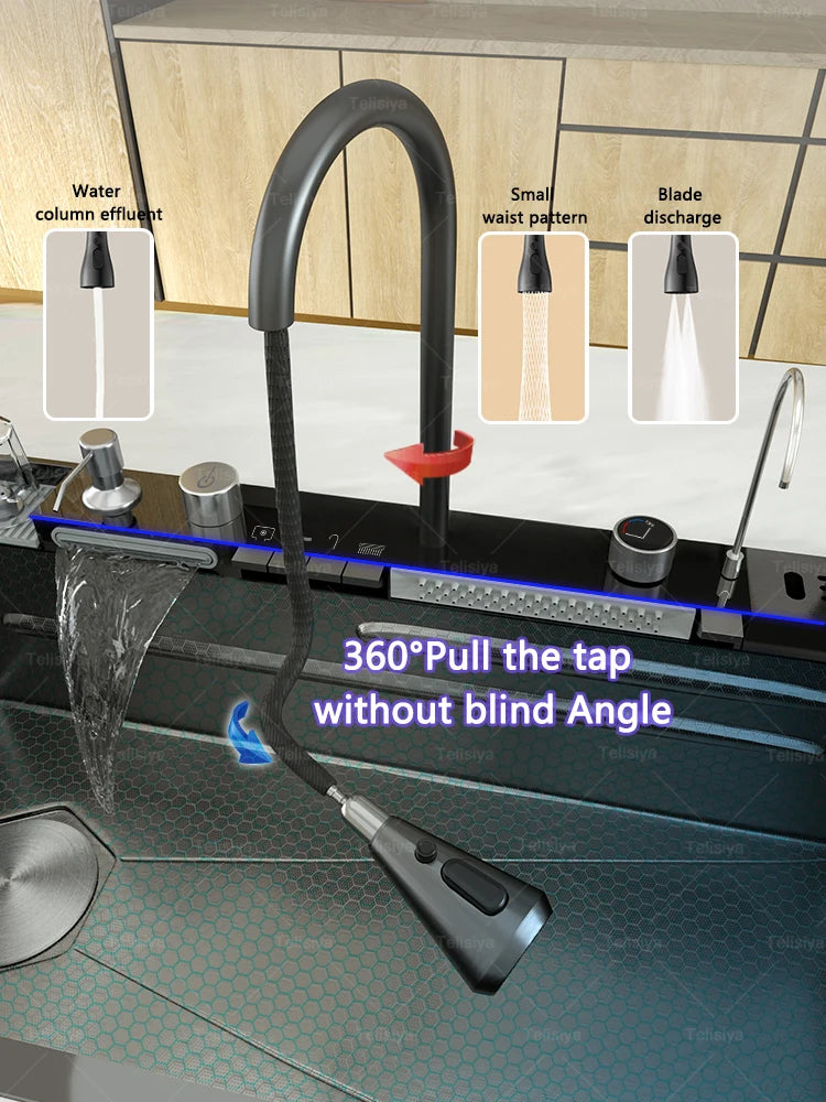 Küchenspüle aus Edelstahl mit Wasserfall, Einzelschüssel, Digitalanzeige, extra großer Schlitz, multifunktionale Waschbecken