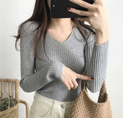 2025 einfarbig Schlank Pullover Koreanische Herbst Winter V-ausschnitt Pullover Mode Lässig Langarm Gestrickte Pullover Frauen Kleidung