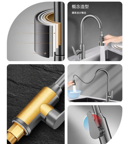 Kitchen Faucets Fine copper gun gray kitchen sink pull-out faucet household sink washbasin rotating hot and cold faucet