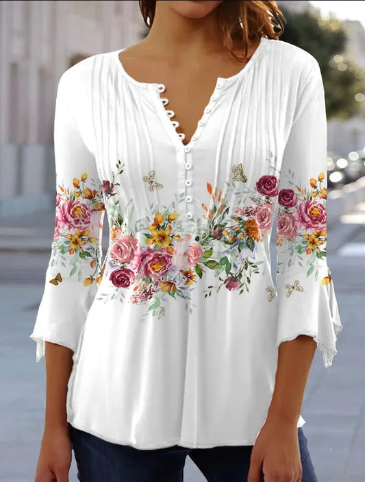 Women's Shirt Blouse Light Blue White Pink Floral Button Print 3/4 Length Sleeve Casual Holiday Basic Round Neck Regular Floral.