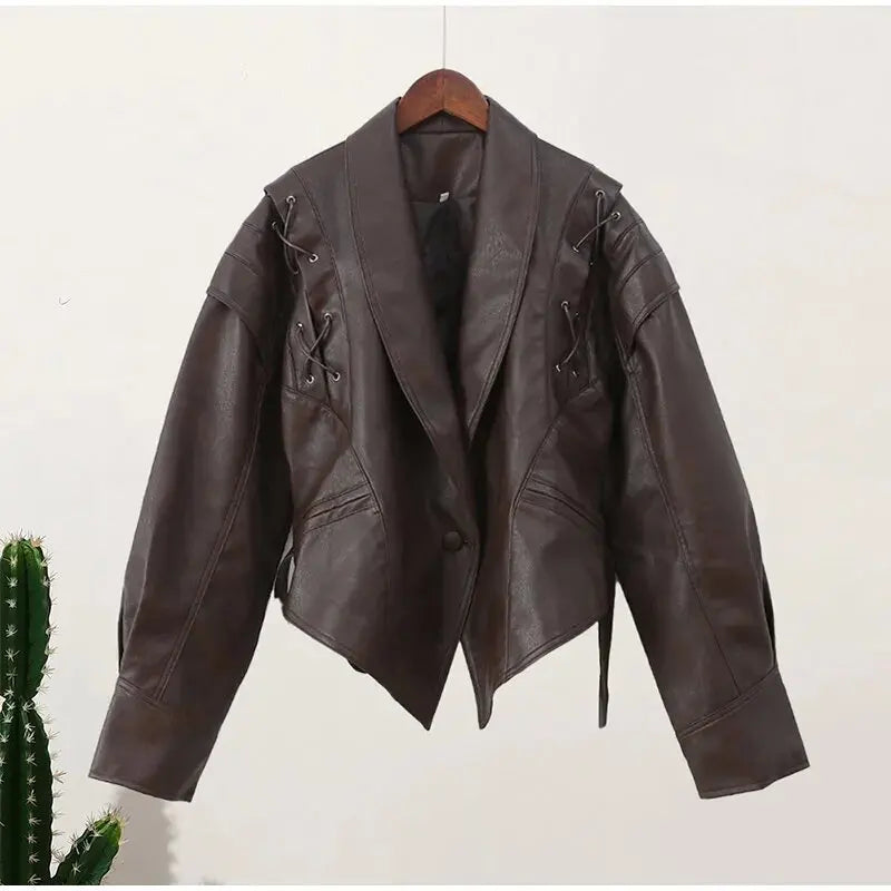Women Vintage Brown Leather Jacket Lapel Padded Shoulder High Waist Leather Coat With Belt 2025 Lady Autumn Fashion Short Coats.