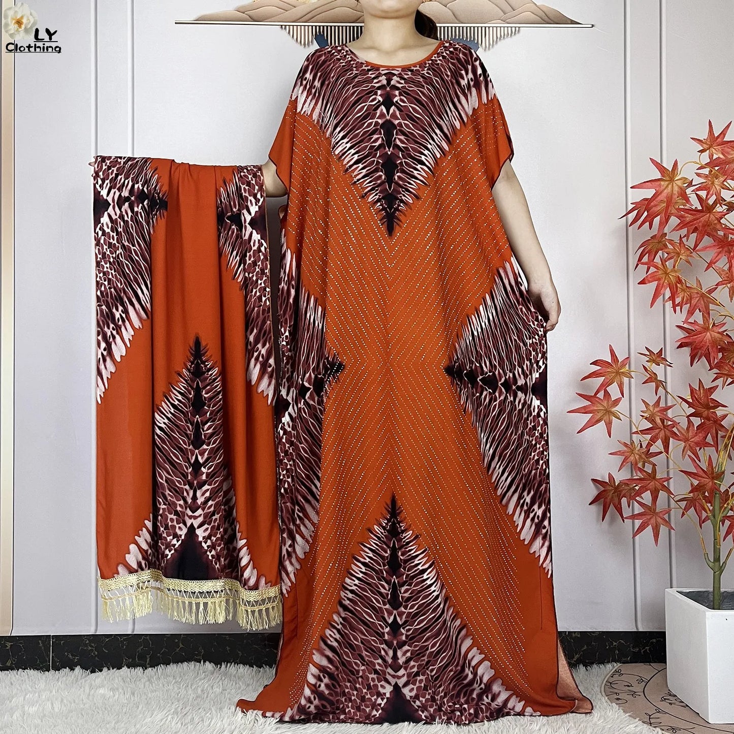 2024 New Muslim Women Dashiki Printed Dress Flower Diamonds Loose Dress With Big Scarf Islamic African Women Short Sleeve Abaya