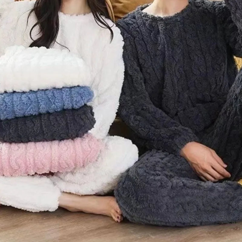 Herbst Winter Lose Süße Casual Pyjamas frauen Set Dicke Fleece Wolle Langarm Top Hause Elastische Taille Lange Hosen Hosen.