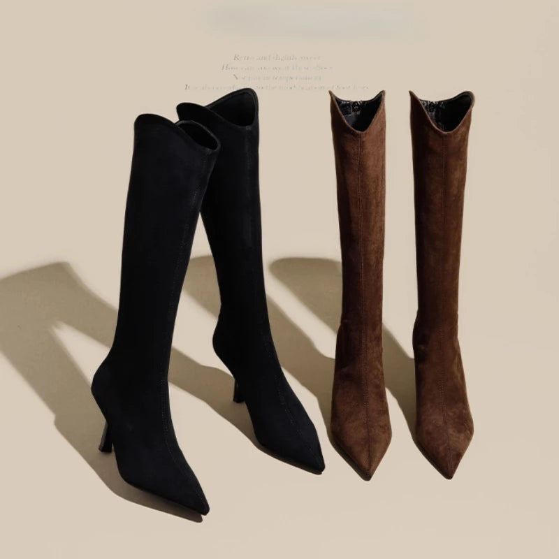 Vintage Pointed Toe Women Stretch Slim High Boots Fashion Back Zippers Shoes Autumn Winter High Heel Ladies Knight Long Booties.