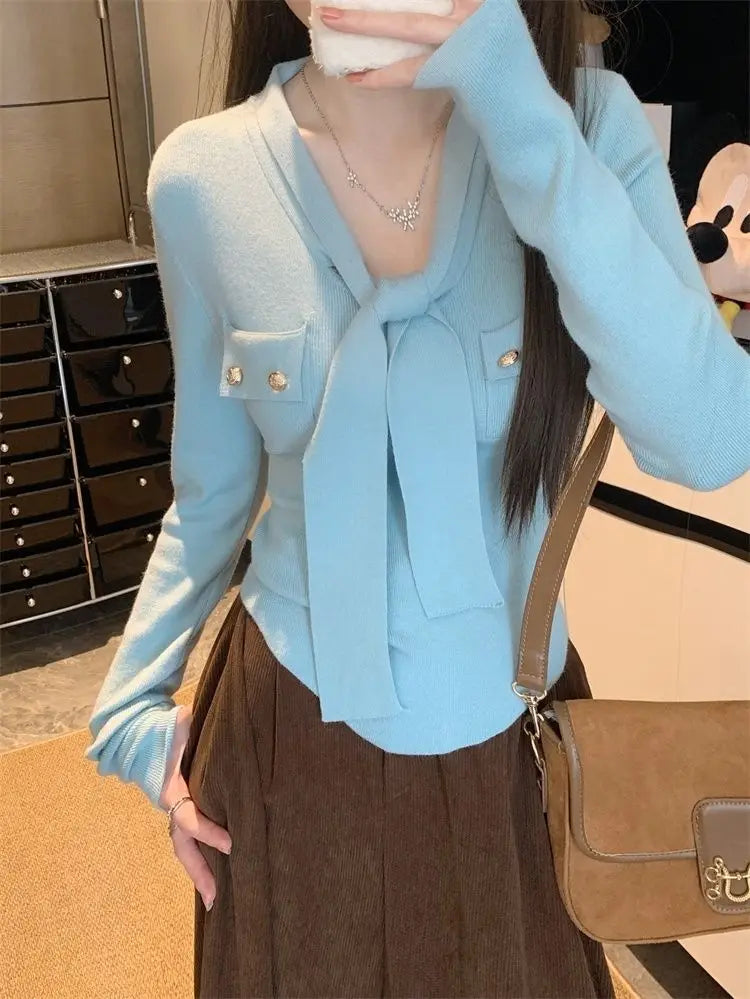 Frauen Frühling Herbst Einfachheit Büro Dame V-ausschnitt Einfarbig Langarm Strickwaren Damen Mode Alle-spiel Temperament Tops.