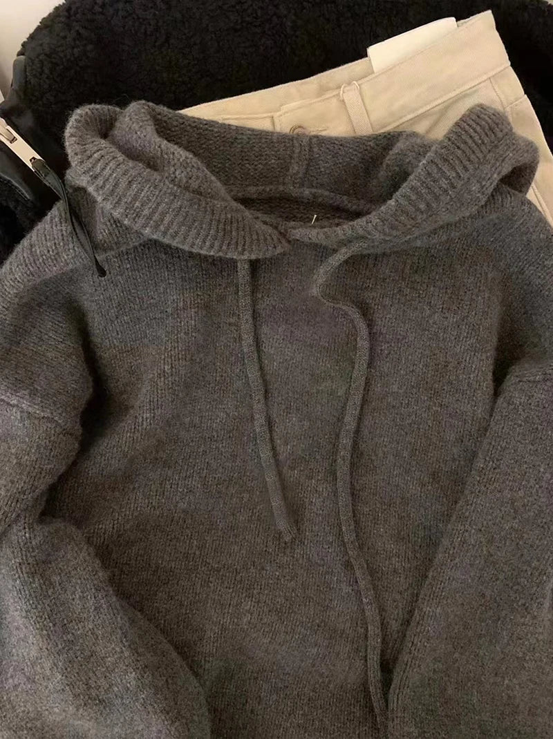 Autumn Knitted Hoodie for Women Korean Loose Thick Warm Casual Sweatshirt Bf Solid Simple Basic All Match Pullover Sweater New.