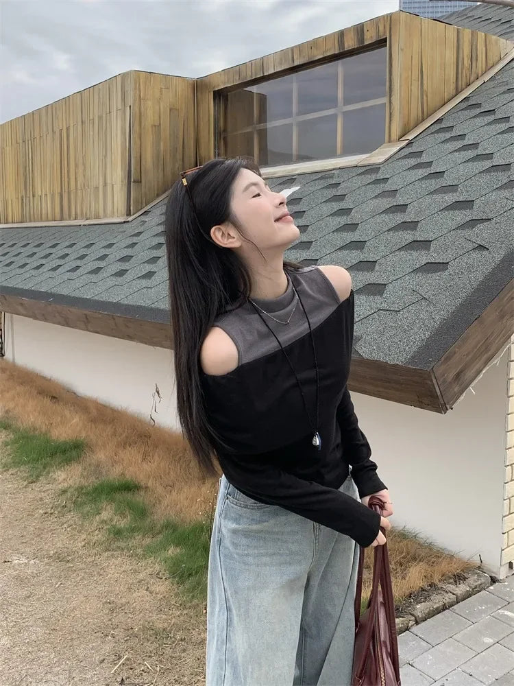 Retro American Shoulder Bared Long Sleeve T Shirt Women Spring Autumn Spicy Girl Fake Two Piece Base Shirt High Collar Polyester