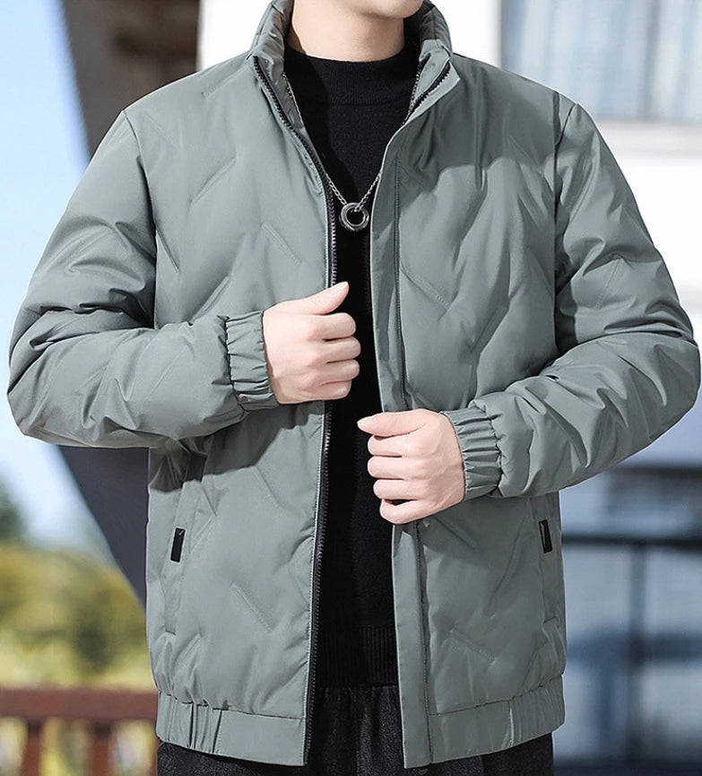 Men's winter standing collar cotton jacket with diamond grid pattern warm jacket, casual solid color fashionable simple jacket.