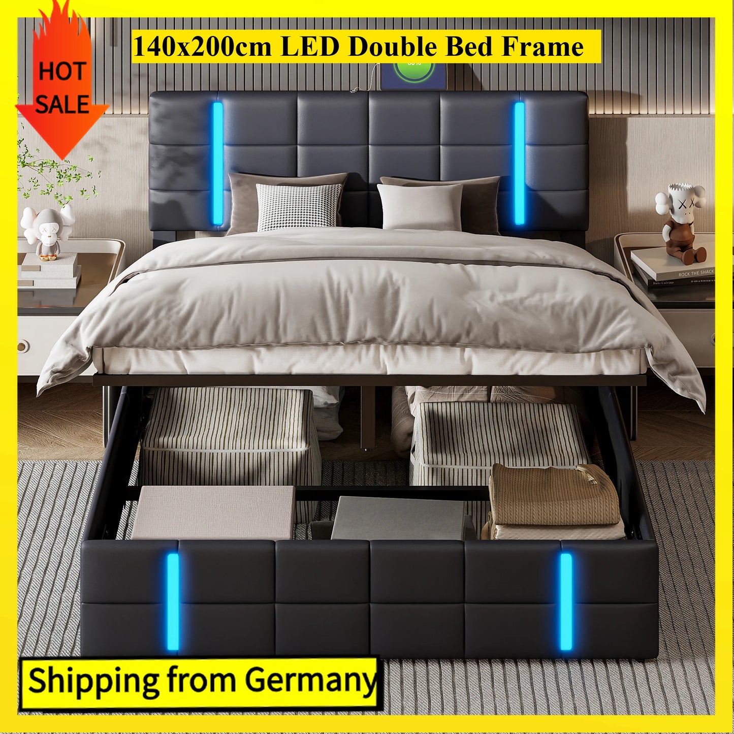 Comanlai 140 x 200 cm gepolstertes Bett, Doppelbett mit USB-Ladeanschluss und LED-Licht, hydraulisches Bett mit Stauraum und Lattenrost, PU