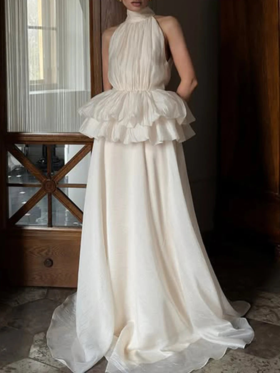 VGH Solide Abend Gespleißt Rüschen Maxi Kleider für Frauen High Neck Ärmellose Tunika Temperament Zeremonie Kleid Weibliche Kleidung.