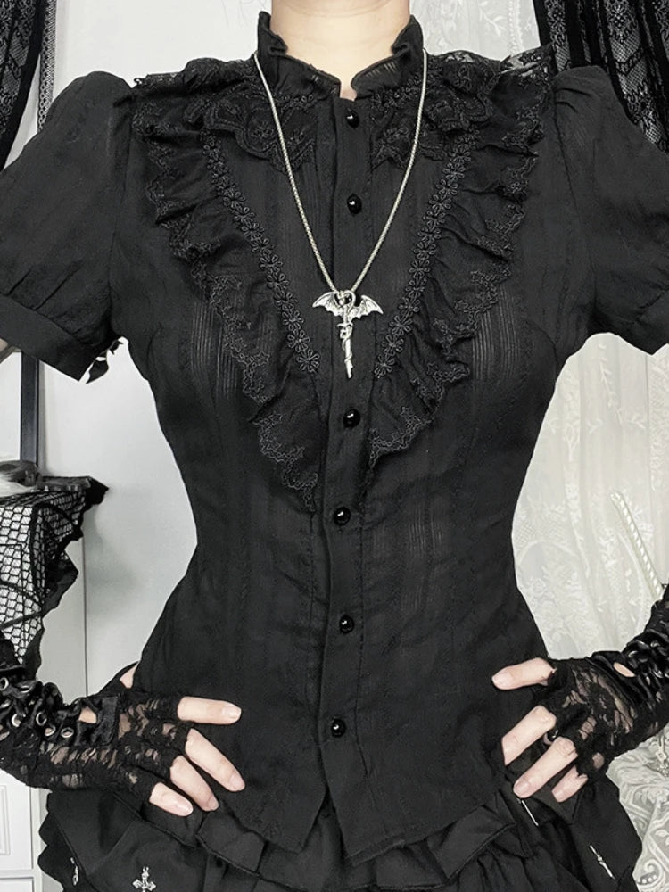 Sweet Lolita Cotton Shirts Women Vintage Gothic Black White Jacquard Short Sleeve Blouses Elegant Office Lady Y2k Tops.