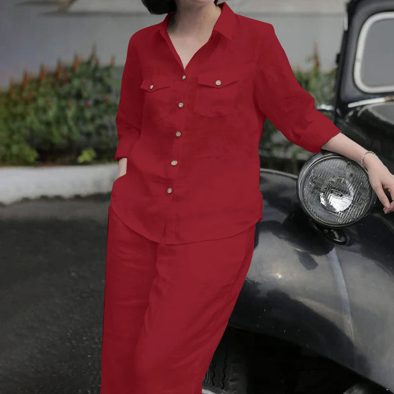 Elegant Autumn Women Matching Sets Long Sleeve Shirt Wide Leg Pants ZANZEA Casual Solid OL Work Suit Tracksuits Holiday Outfits.