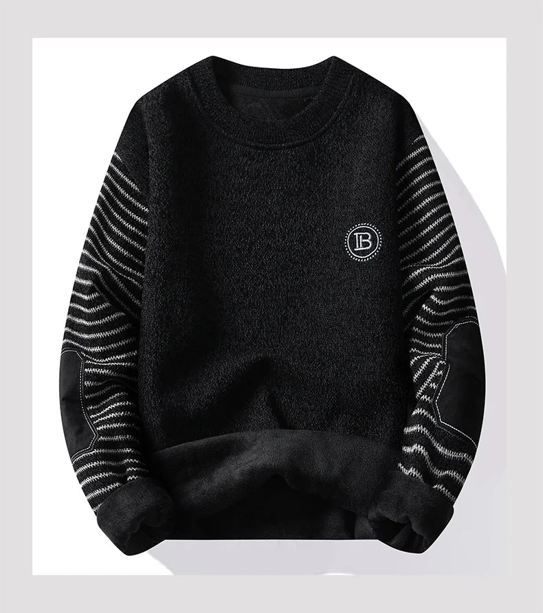 Men's Sweater Patckwork Round Neck Pullovers Fleece Lined Thick Warm Winter Knitwear Fashion Jumpers Men's Clothes.