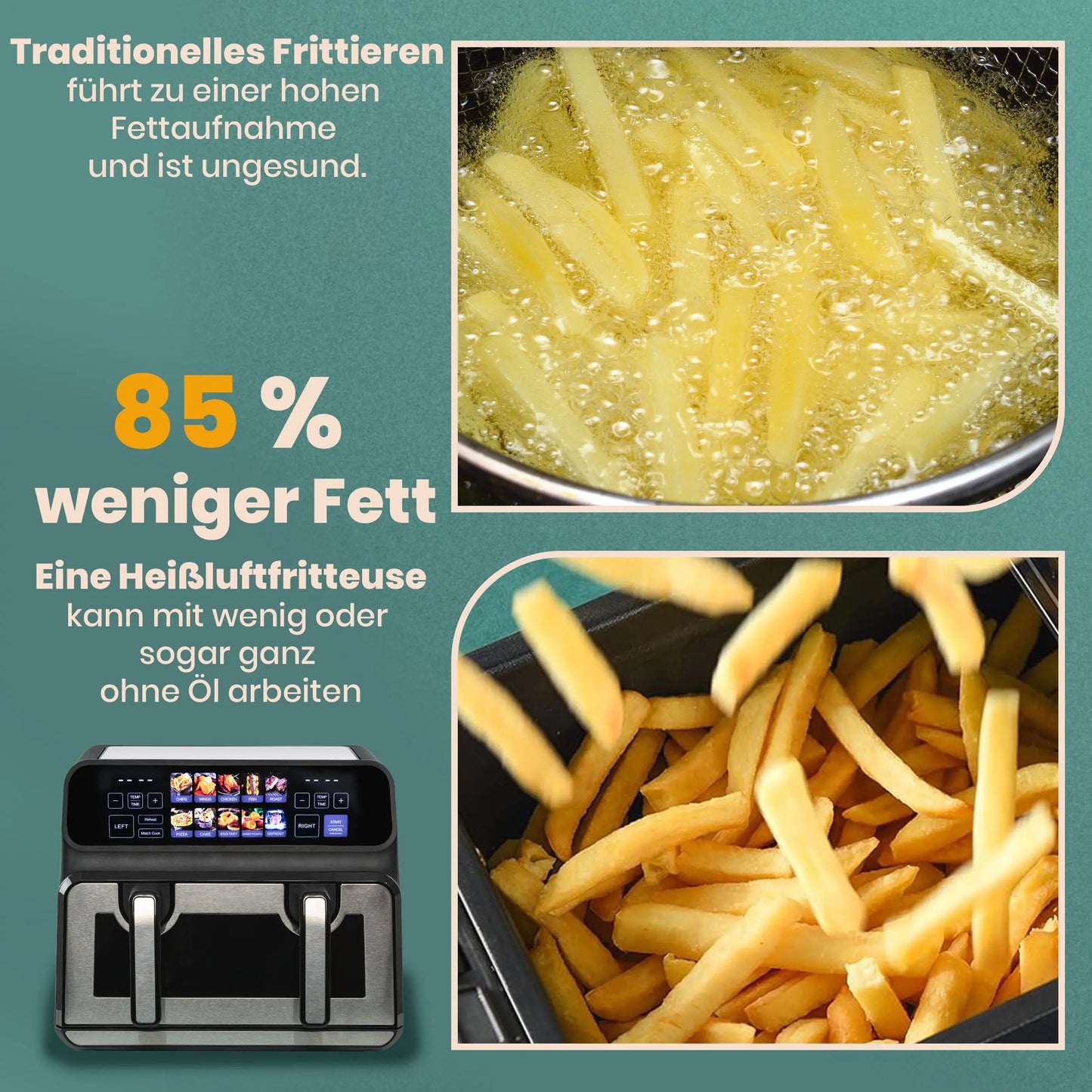 Sinaopus 2200W Hot Air Fryer Dual Basket 9 L XXL Multi-Function Air Fryer with LED Touch Screen Timable Auto Programmes.