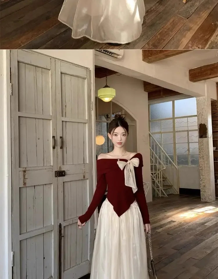 Red One-Shoulder Long-Sleeve Knitted Sweater Women's Spring New Year Slim Fit Short Top Butterfly Knot Decorated Cotton T-shirt.