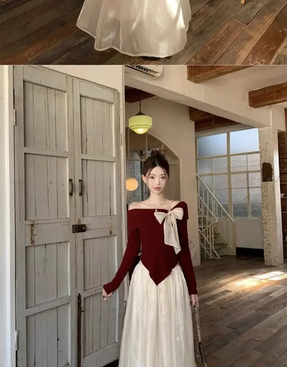 Red One-Shoulder Long-Sleeve Knitted Sweater Women's Spring New Year Slim Fit Short Top Butterfly Knot Decorated Cotton T-shirt.