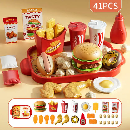 Kid Kitchen Toy Set Simulation Make Hamburger Pizza Fries Pretend Play Food Cooking Cutting Game Montessori Interactive Toy Gift.