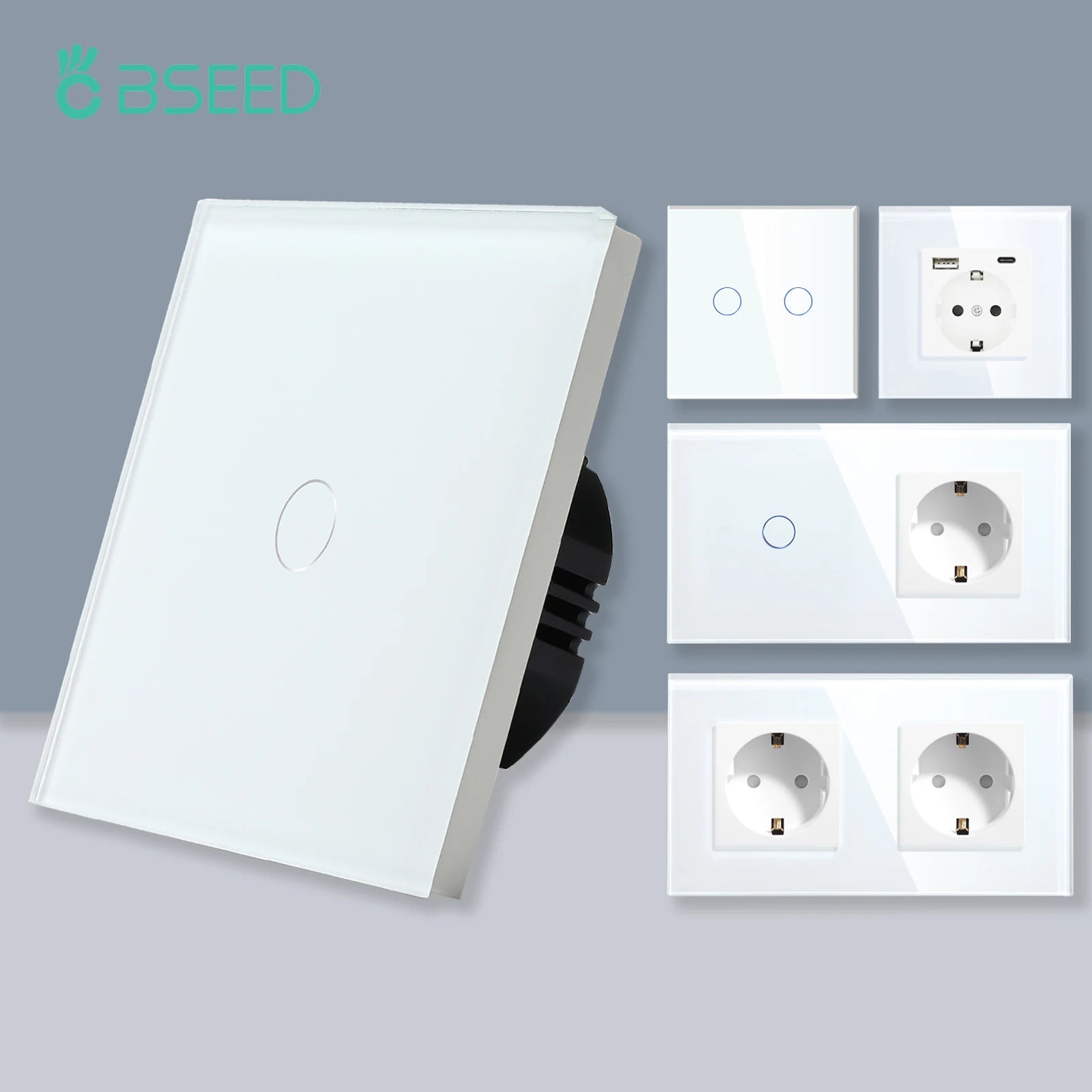 BSEED 1/2/3Gang Touch Licht Schalter 1Way Einfache Sensor Schalter Typ-c USB Steckdosen EU Standard glas Panel Blaue Hintergrundbeleuchtung 10A Weiß.