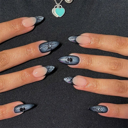 24Pcs Gothic Halloween Press On Nails - Creepy Skeleton Finger Fake Nails, Long Almond Black/White Acrylic False Nails Patches.