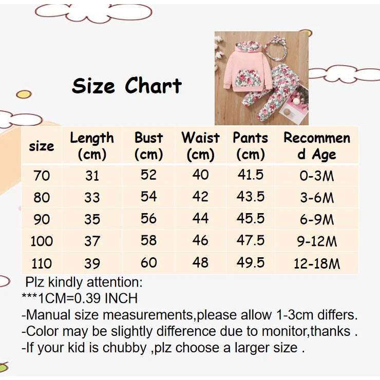 0-18 Months Toddler Baby Girl 3PCS Hooded Clothes Set Flowers Print Long Sleeve Top+Pant+Bowknot Headband Fashion Autumn Outfit