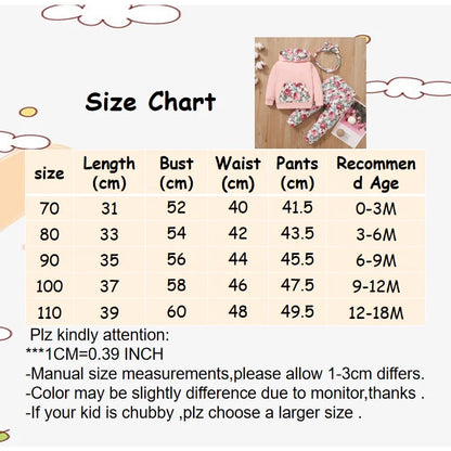 0-18 Months Toddler Baby Girl 3PCS Hooded Clothes Set Flowers Print Long Sleeve Top+Pant+Bowknot Headband Fashion Autumn Outfit