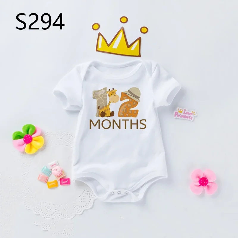 Monatlicher Meilenstein-Baby-Body, niedliches Tier, 1–12 Monate, Einteiler, Babyparty, Geschenk, Monatsbilder, monatliche Overall-Kleidung.