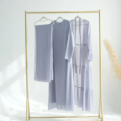 Chiffon Sheer Open Abaya Set Hijabi Muslim Women Party Ramadan Islamic Clothing  Dubai Turkey Kaftan Crepe Kimono Open Abayas.