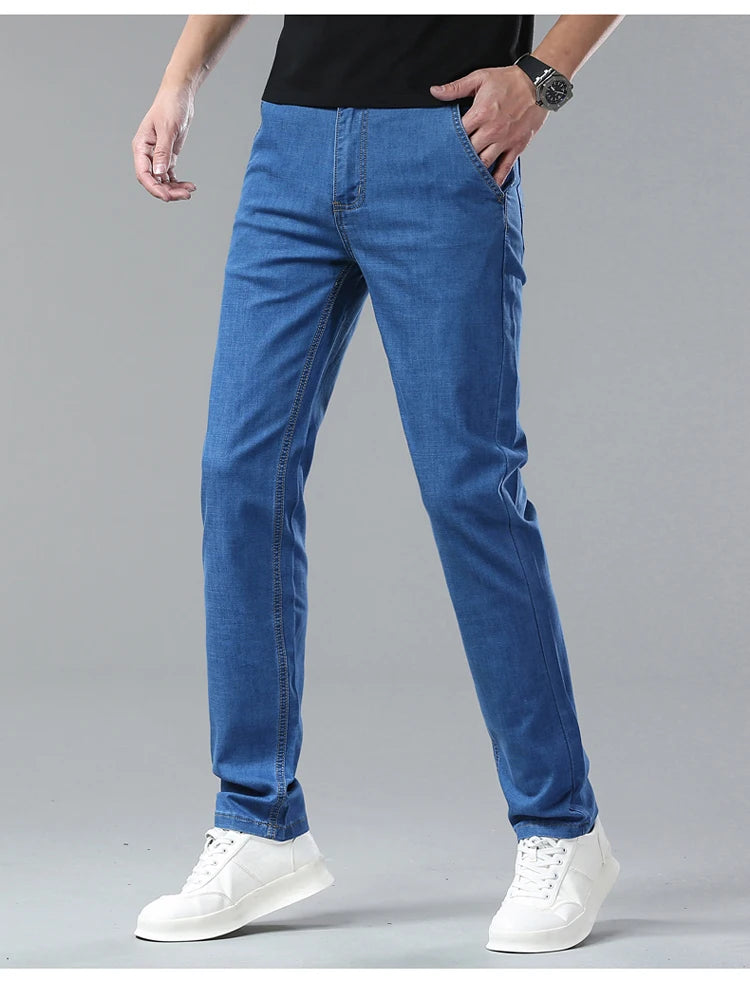 Men's Ice Silk Jeans Summer New Lyocell Thin Business Casual Denim Pants Classic All Match Slim Fit Straight Elastic Jean Male.