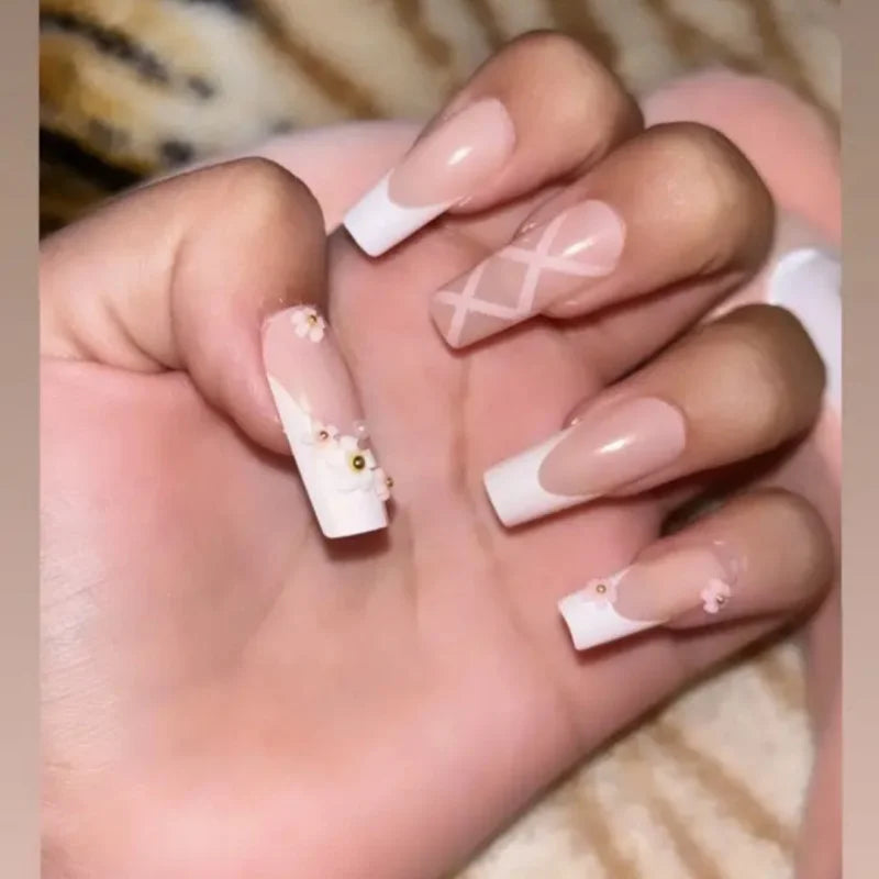 24Pcs Ballet Square Pink Press on Bow Nails 3D Flower with Bandage Design French Nail Tips for Women&Girls Daily,Spring wear.