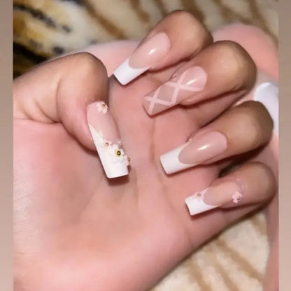 24Pcs Ballet Square Pink Press on Bow Nails 3D Flower with Bandage Design French Nail Tips for Women&Girls Daily,Spring wear.