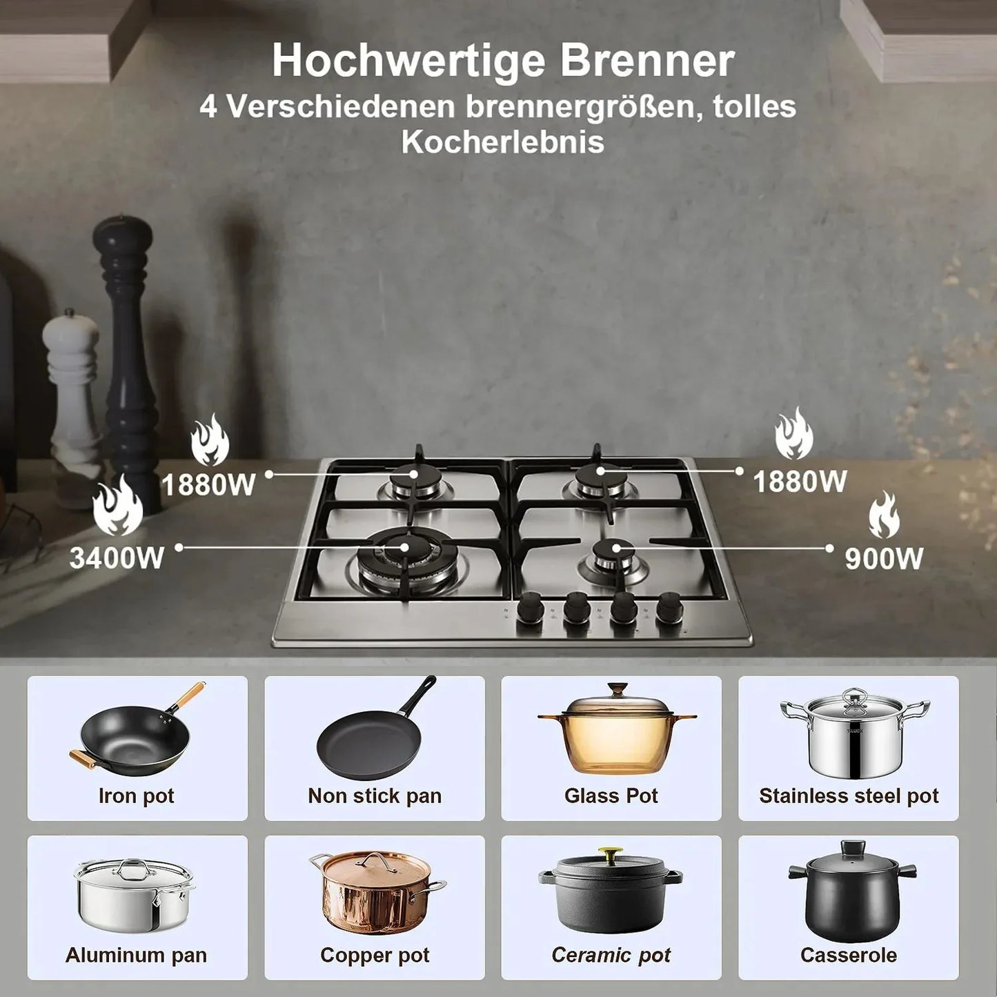 TopStrong 4 Burner Stainless Built-in Stove Natural Gas Propane Gas NG/LPG Gas Hob YYEUGCT-S04.