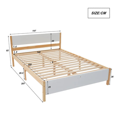 Holzbett Doppelbett 140x200cm, Kiefernholzrahmen mit Mittelfuß, Jugendbett mit Kopf und Fußteil aus MDF,Weiß+Natur,ohne Matratze