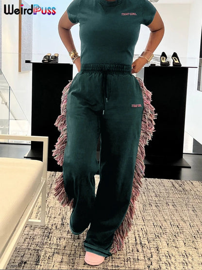 Weird Puss Casual Sporty 2 Piece Set Women Letter Embroidery Crop Tops+Side Tassel Straight Pants Matching Streetwear Tracksuits